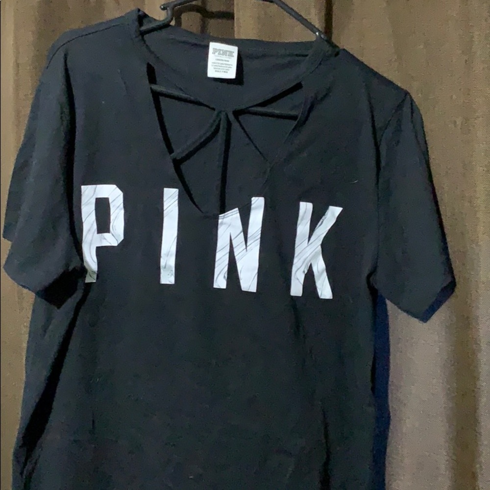 PINK crisscrossed V-neck shirt LG